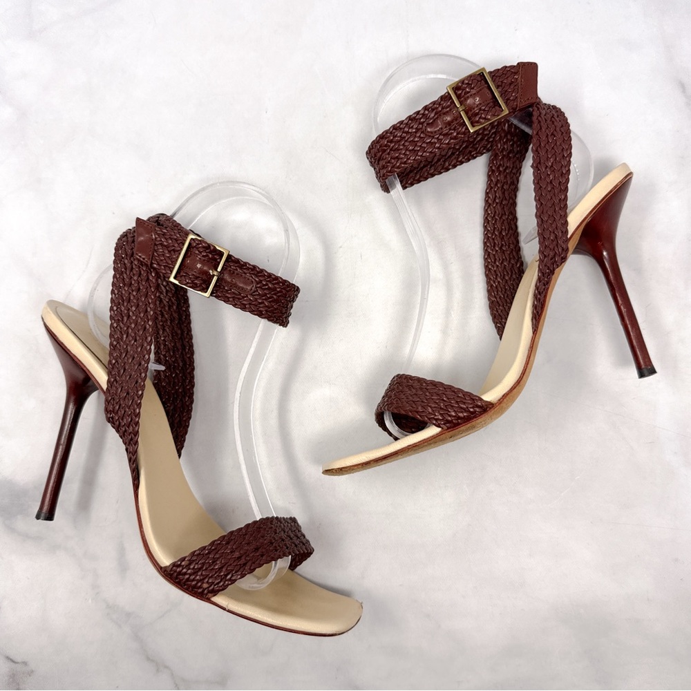 GUCCI Vintage Y2K Braided Ankle Strap Square Toe Stiletto Sandal Heels 2000s 7